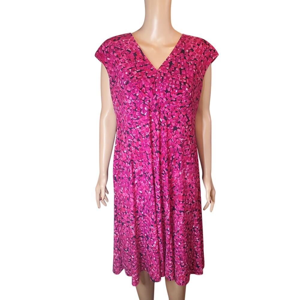 Chaps Pink Abstract Jersey Midi Dress XL (better fit L) Stretch Padded Shoulder